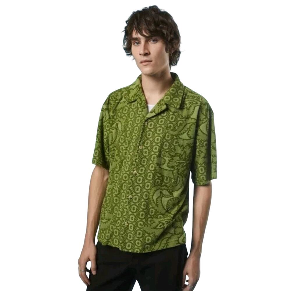 Men Urban Outfitters Pattern Terry Cloth Button Up Short Sleeve Green Sz M Beach